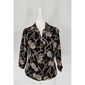 Silk Land Button Down Shirt Women Large Black Pineapple Sequin Silk Blouse
